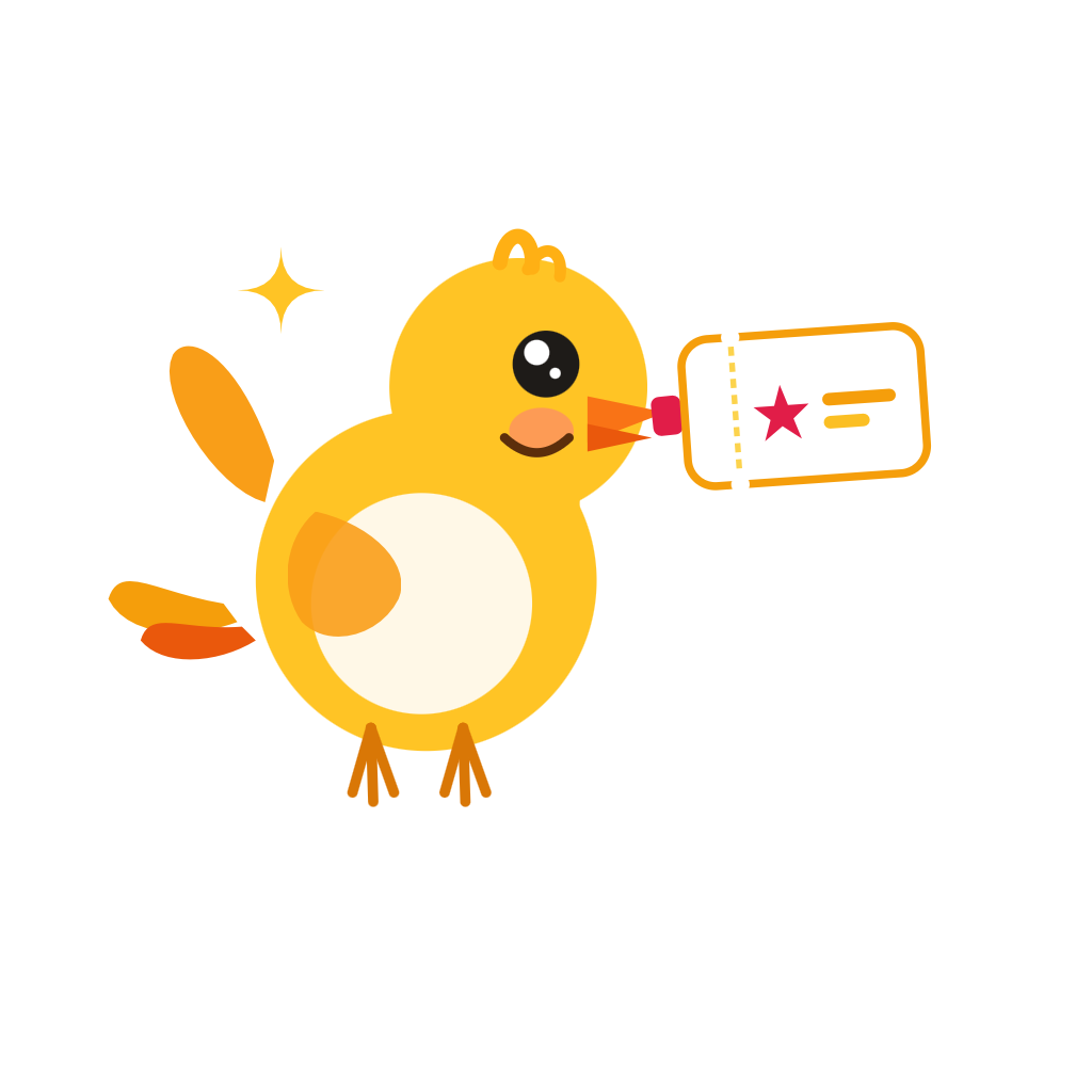 Voucheery bird mascot holding a voucher